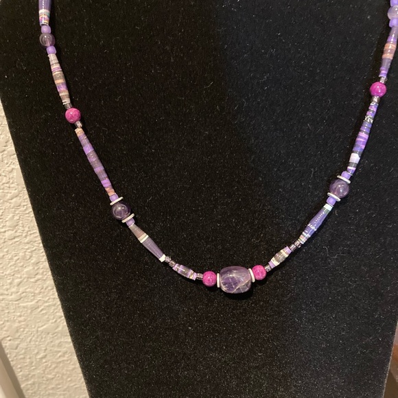 Stone Necklace. Amethyst, glass, seed and tube beads. Fish Hook clasp. - Picture 3 of 16